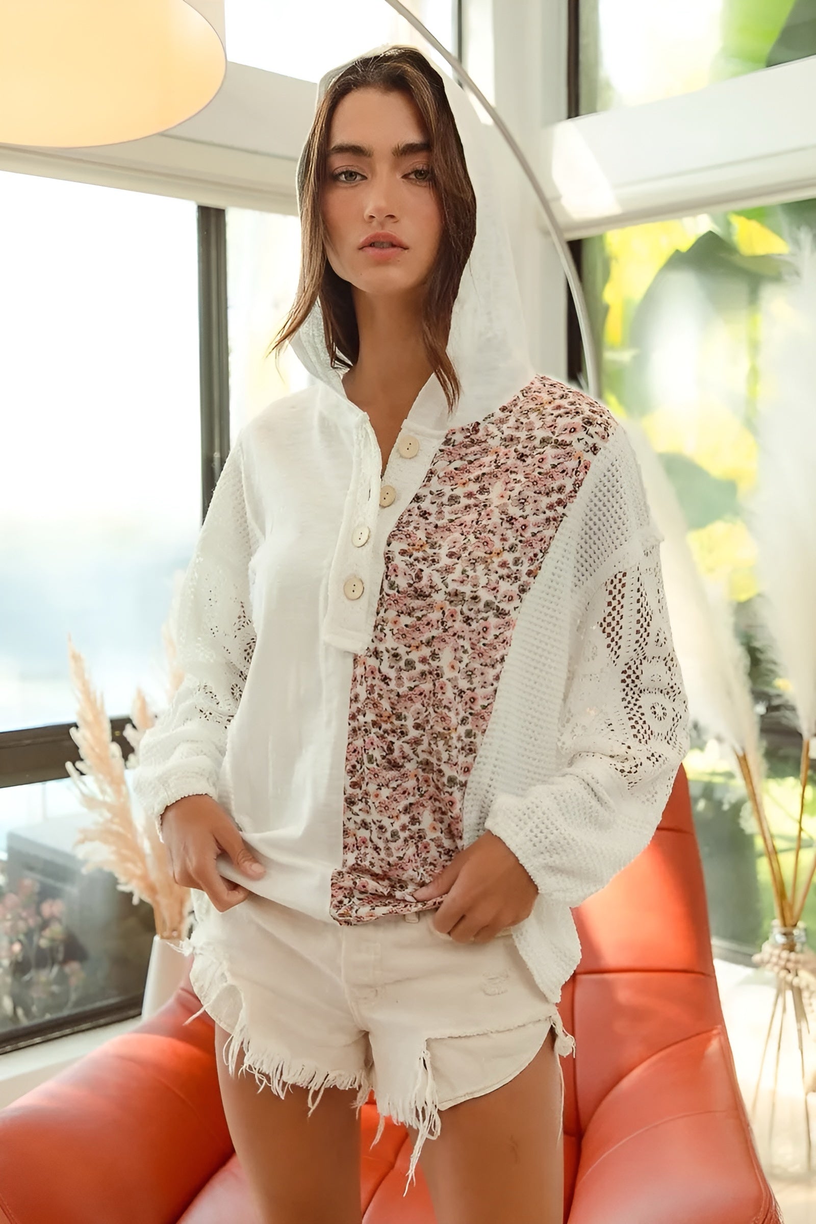 BiBi Slub Jersey with Lace Combo Buttoned Hoodie Top